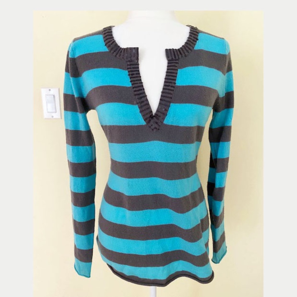 Autumn Cashmere 100% Stripe Beaded Long Sleeve Tunic Sweater Turquoise Gray